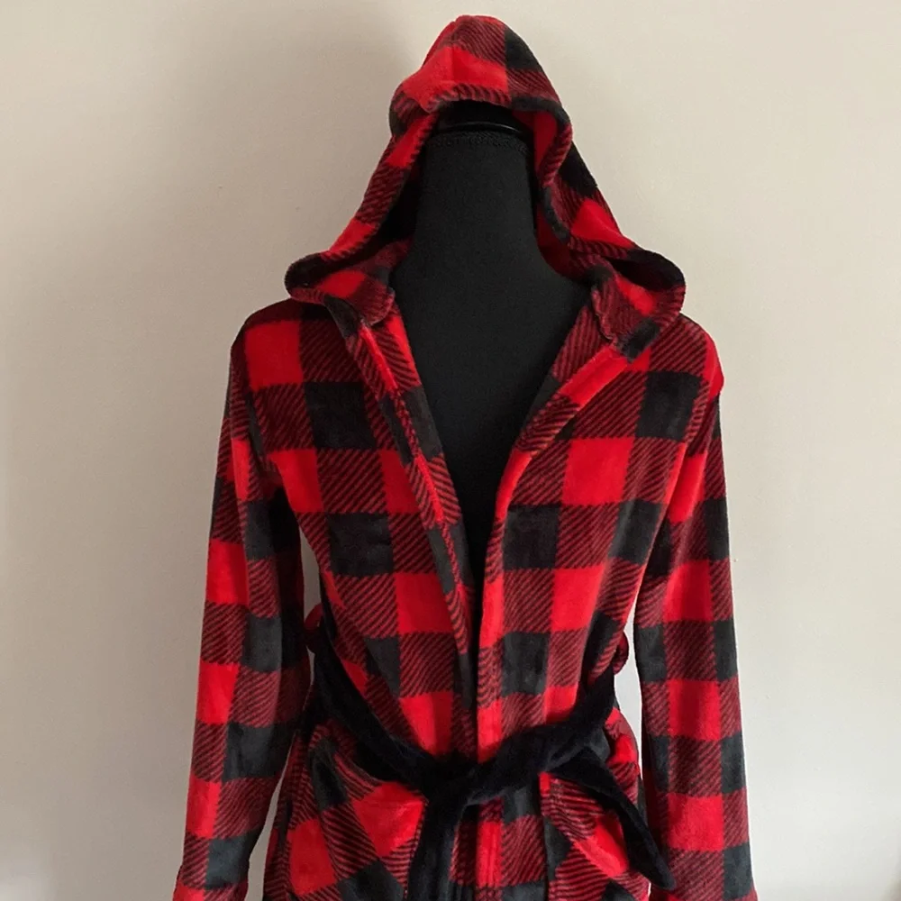 Cuddl Duds Kids red & black Buffalo Plaid hooded fleece robe size L 12/14 large